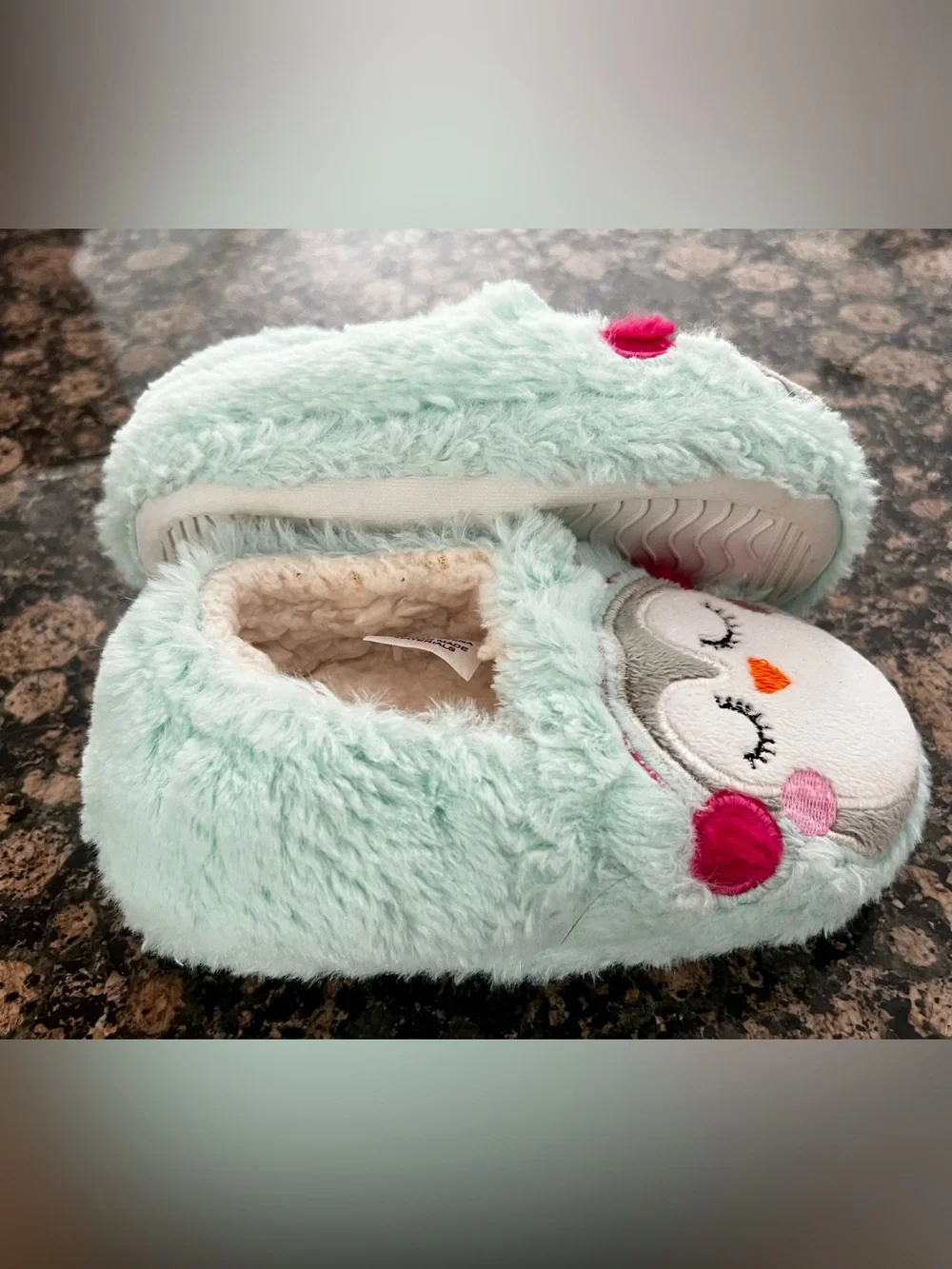Girls Mint‎ Green Faux Fur Penguin Earmuff Slippers House Shoes Size 8